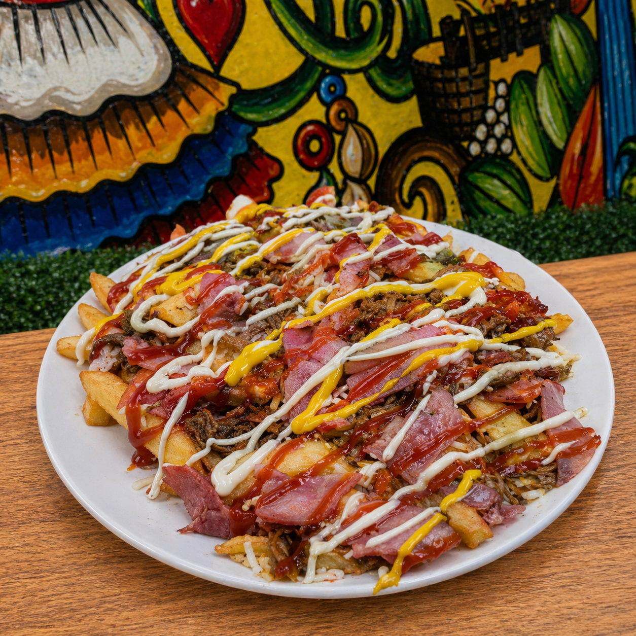 Salchipapas con carne y tocineta